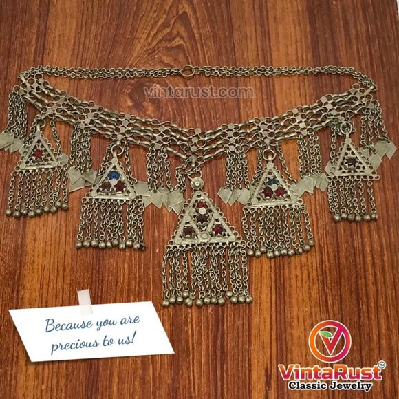 Silver Kuchi Vintage five Dangling Pendants Necklace, Nomadic Gypsy - Picture 5 of 10